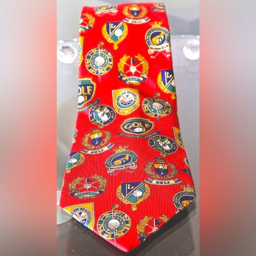 FACCONABLE MENS TIE RED 100% SILK MADE IN FRANCE GOLF GOLD GREEN VINTAGE